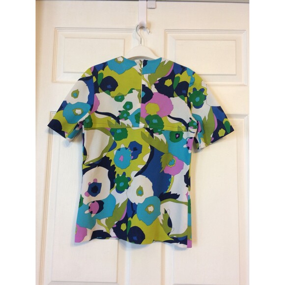 60s Mod Print Top Blue Green Short Sleeve Vintage S - Picture 4 of 4